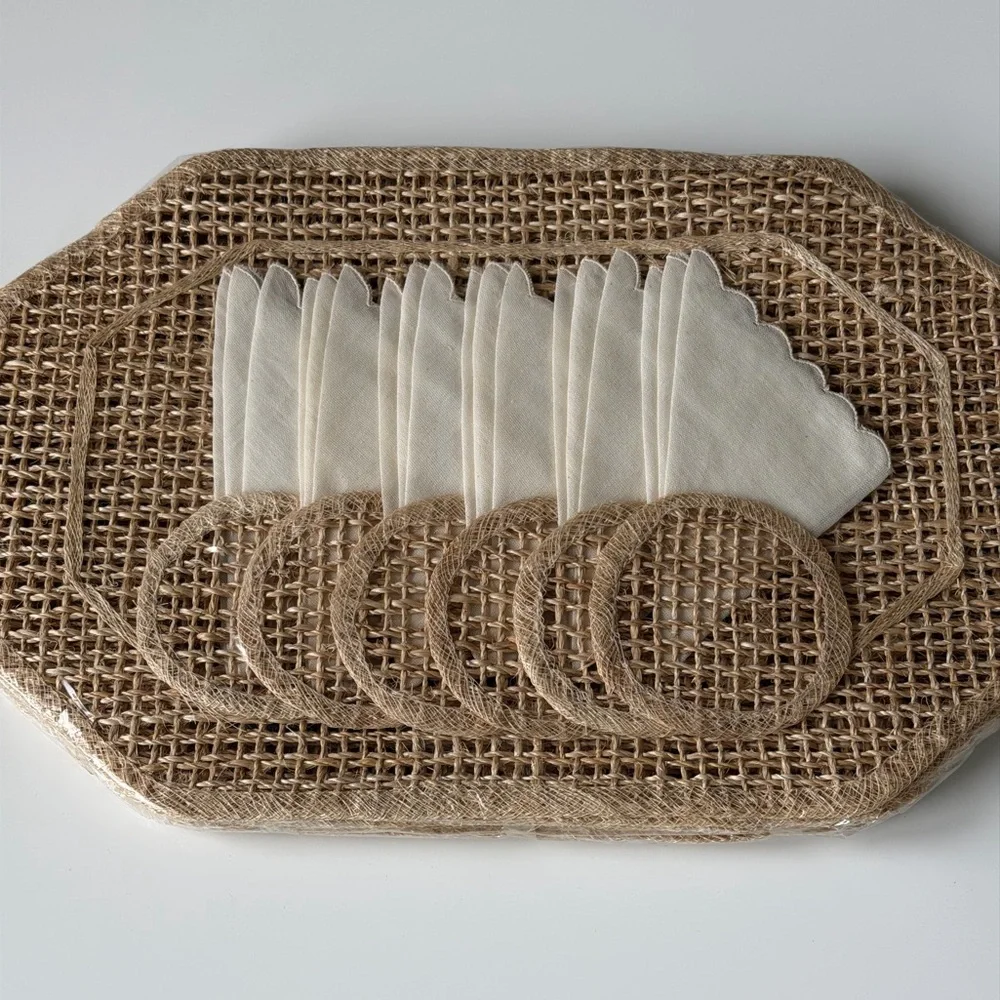 Abaca Twine Placemats Set Of 6 Napkins & Rings Boho Coastal Table Decor